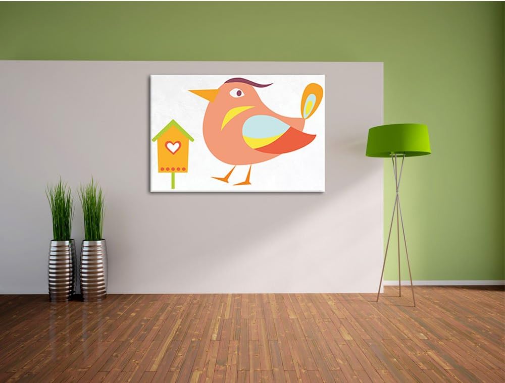 Pixxprint Niedlicher Vogel mit Vogelhäuschen weiss, Format: 100x70 auf Leinwand, riesige Bilder fert