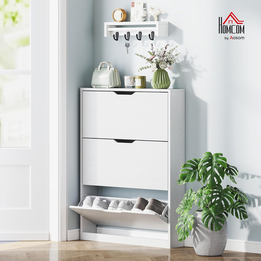 HOMCOM Schuhschrank mit 3 Klappen, Schuhregal, Schuhkipper Schmal Schuhkommode für 9-12 Paar Schuhe