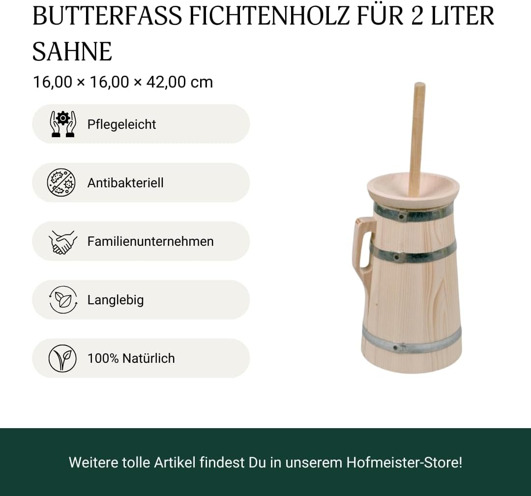 HOFMEISTER® Butterfass aus Holz, für 2 Liter Sahne, Butter selber Machen, authentische Böttcherware