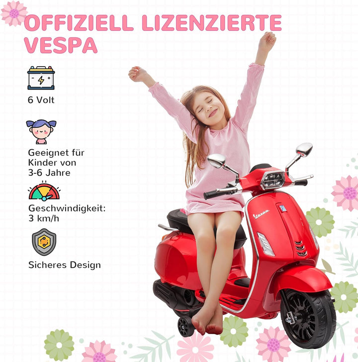 AIYAPLAY Elektro Kindermotorrad, Vespa 6V Elektromotorrad mit MP3, USB, FM-Radio, LED-Scheinwerfer,