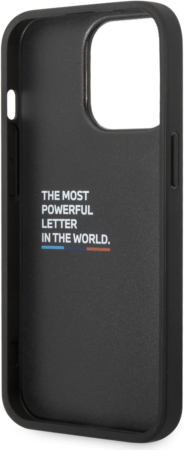 CG MOBILE BMW Handyhülle für iPhone 14 Pro Max in Schwarz mit horizontaler blauer Linie, PU-Kohlefas