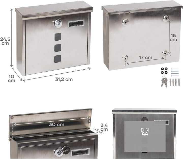 ARREGUI Chance E7107 Briefkasten aus Edelstahl, Grösse M (DIN A4), Wandbriefkasten mit Schutzklappen