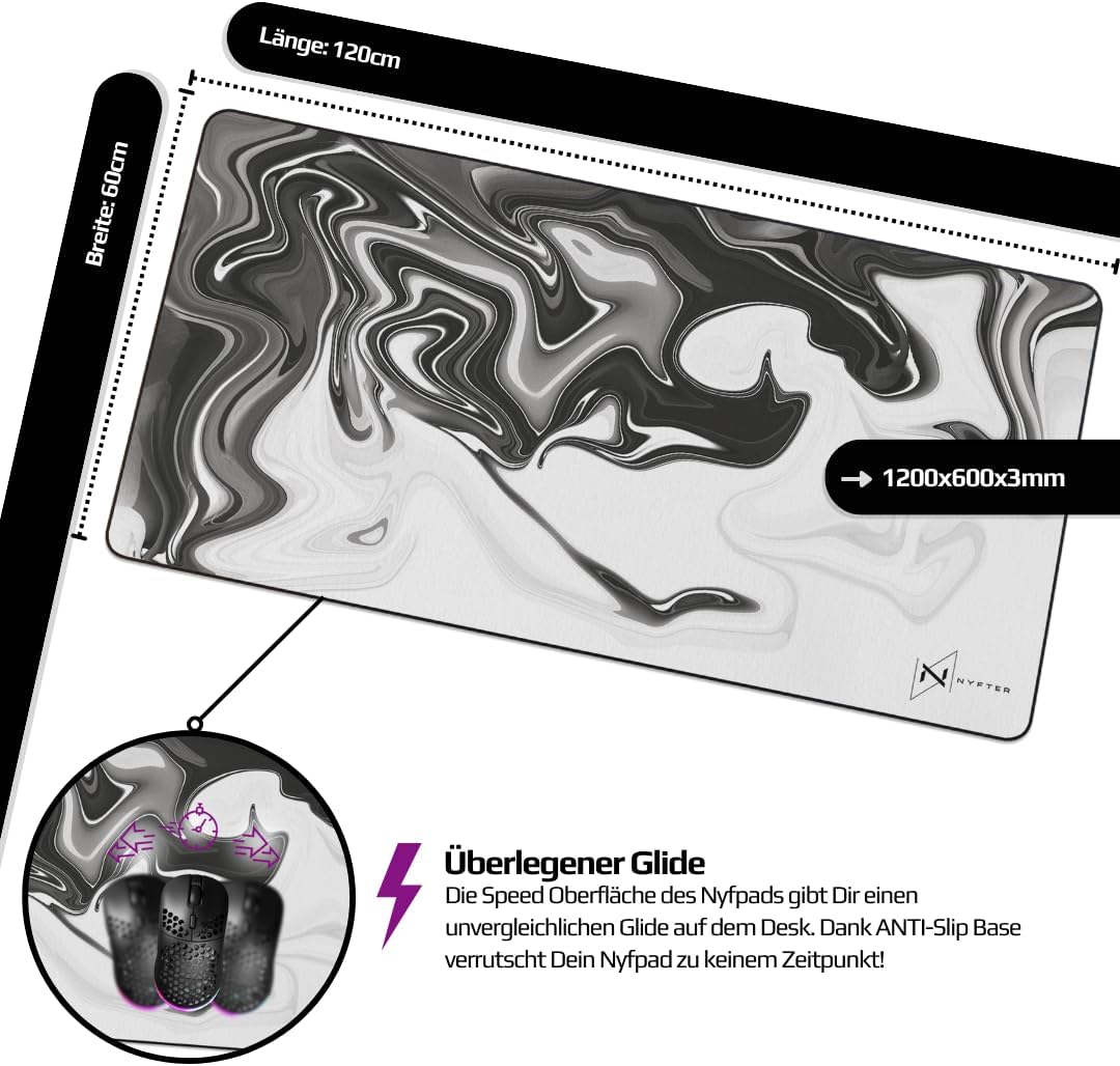 NYFTER - Premium 3XL Gaming Mauspad XXXL Nyfpad 1200x600mm Mousepad im Liquid Design Wellenfrei mit