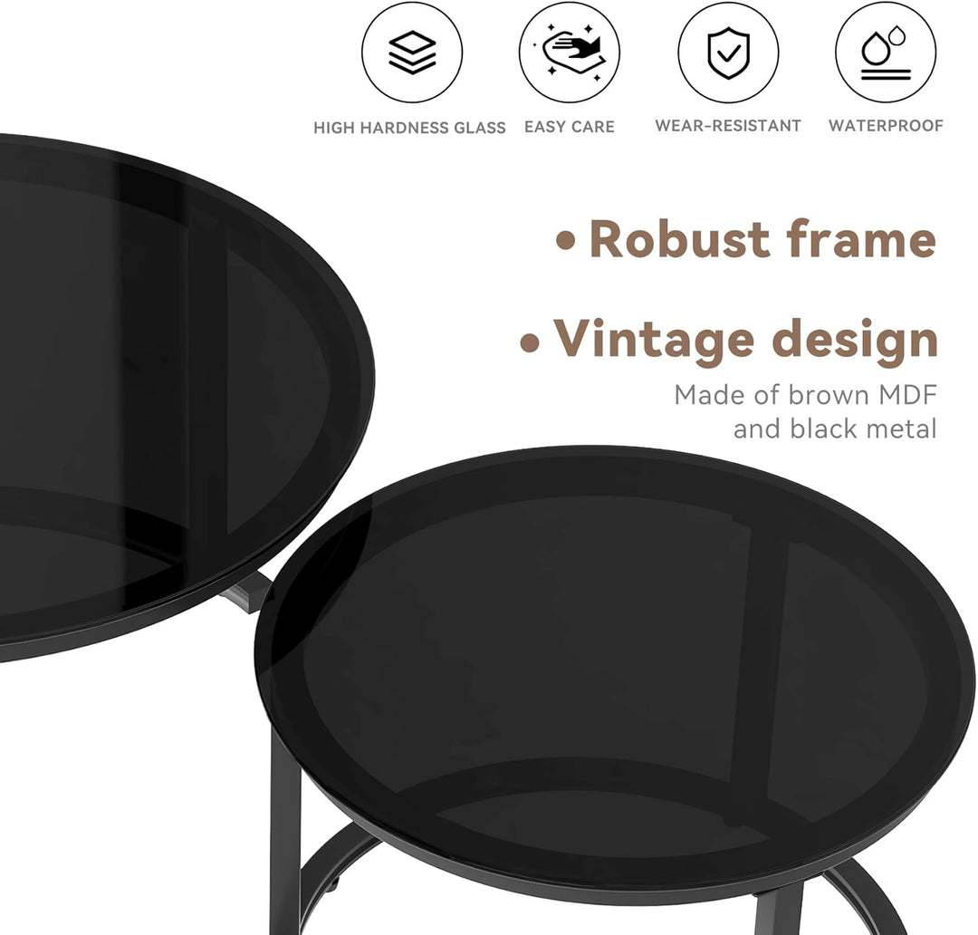 Hawthyhome 2 Stücke Beistelltisch Set rund, Couchtisch aus Glas mit Metallrahmen,Moderne Kaffeetisch