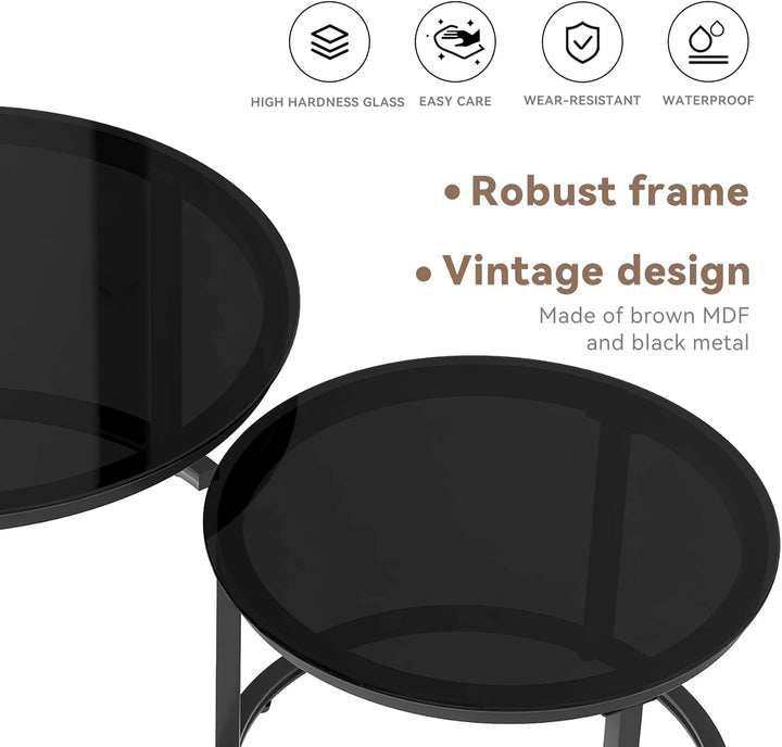 Hawthyhome 2 Stücke Beistelltisch Set rund, Couchtisch aus Glas mit Metallrahmen,Moderne Kaffeetisch