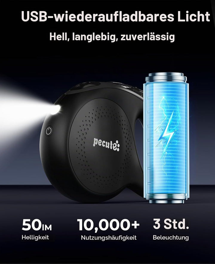 Pecute Hundeleine 8m, Rollleine für Hunde mit LED-Licht, 360° Verknotungsfreier verlängerter Leine,