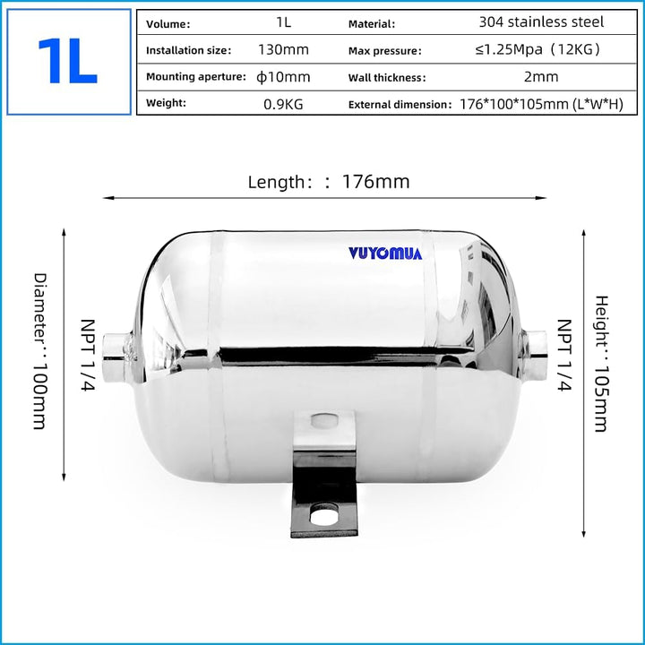 304 Stainless Steel High Pressure Mini Small Portable Air Tank Air Reservoir Water Storage Tank (1L-