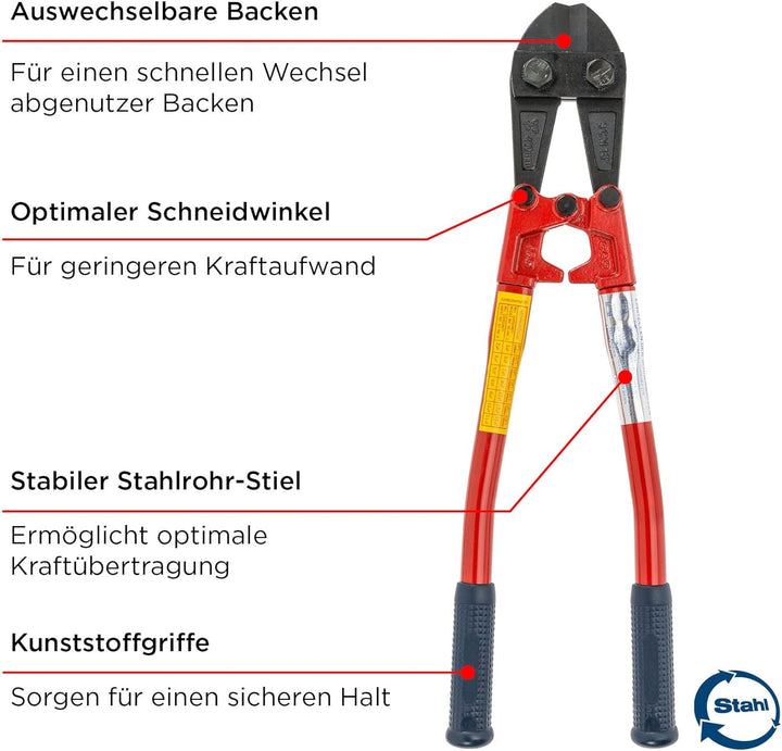 kwb Bolzenschneider in 750 mm, mit auswechselbaren Backen, stabiler Stahlrohr-Stiel mit Kunststoffgr
