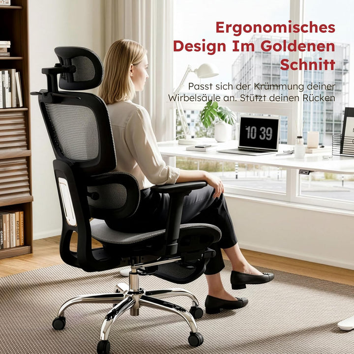 Ergonomischer Bürostuhl Voll-Mesh mit Abnehmbarem Kissen, Fussstütze, Höhenverstellbarem Rückenlehne