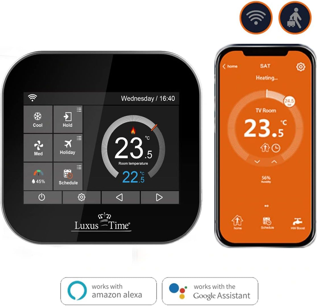 WLAN-fähiges Raumthermostat für elektrische Fussbodenheizungen in Schwarz mit Kindersicherung