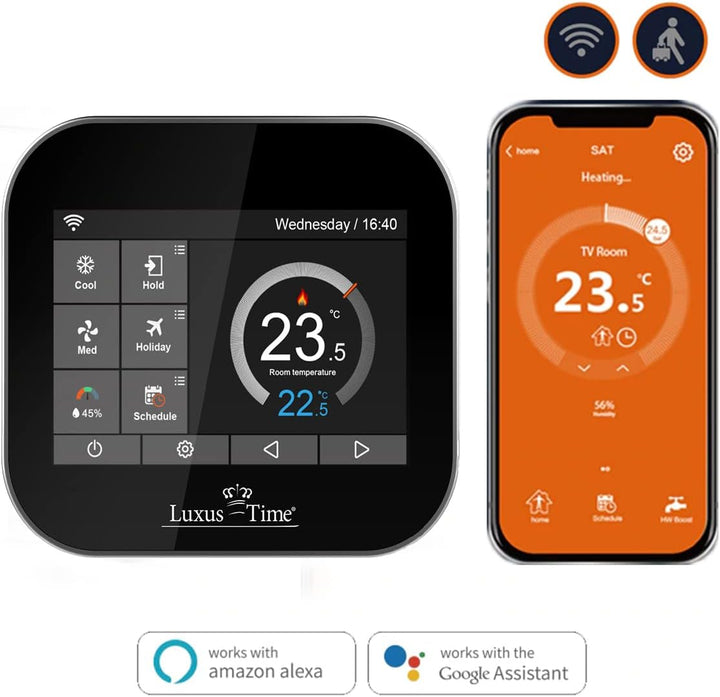 WLAN-fähiges Raumthermostat für elektrische Fussbodenheizungen in Schwarz mit Kindersicherung