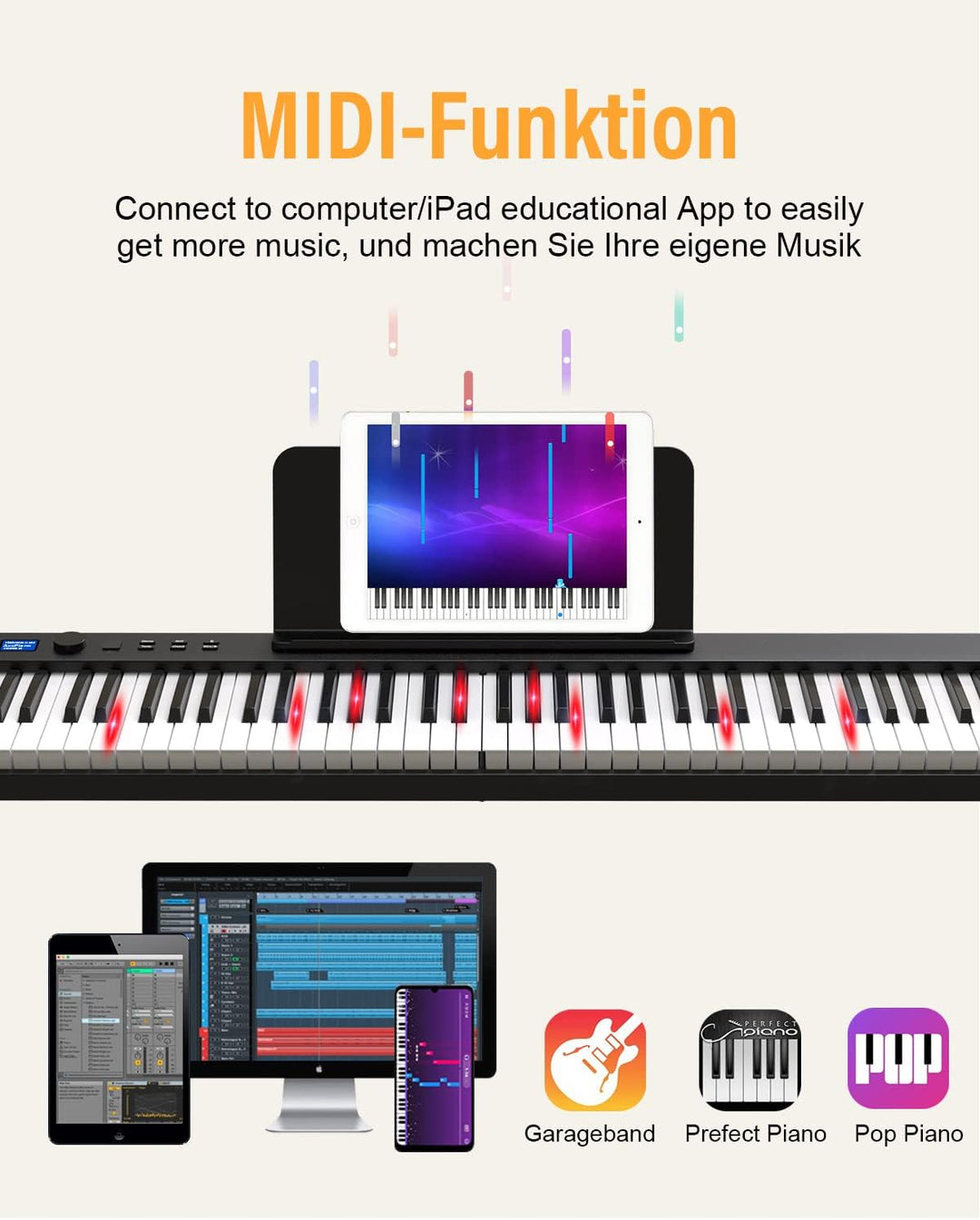Piano 88 Tasten Klaviertastatur Unterstützung Beleuchtete Tastatur und MIDI Bluetooth, Digital Piano