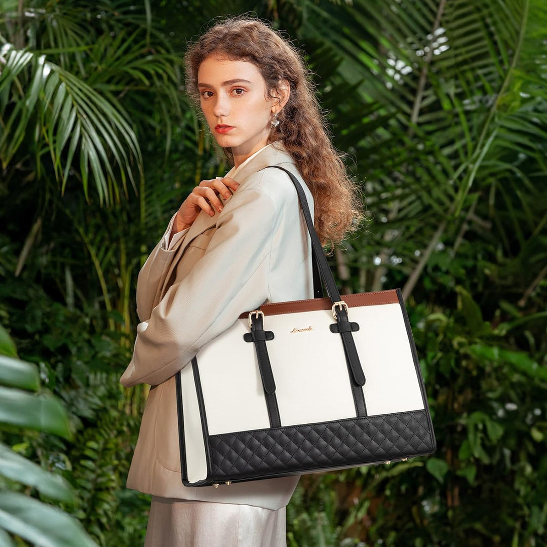 LOVEVOOK Handtasche Damen, Business Laptoptasche 15,6 Zoll aus Canvas & Leder, Lehrertasche Aktentas