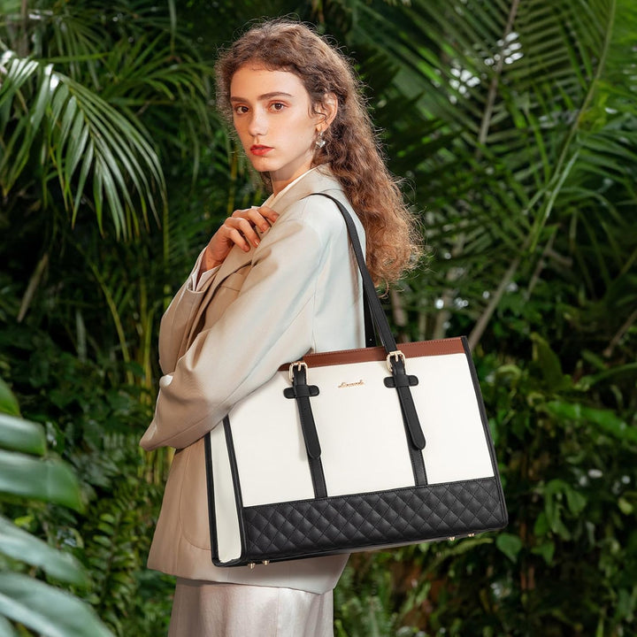 LOVEVOOK Handtasche Damen, Business Laptoptasche 15,6 Zoll aus Canvas & Leder, Lehrertasche Aktentas