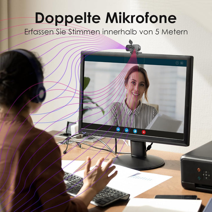 N51A Webcam Full HD 2.5K/30PFS PC Kamera mit Dual Mikrofone, 110°Blickfeld, Belichtungskorrektur, Fe