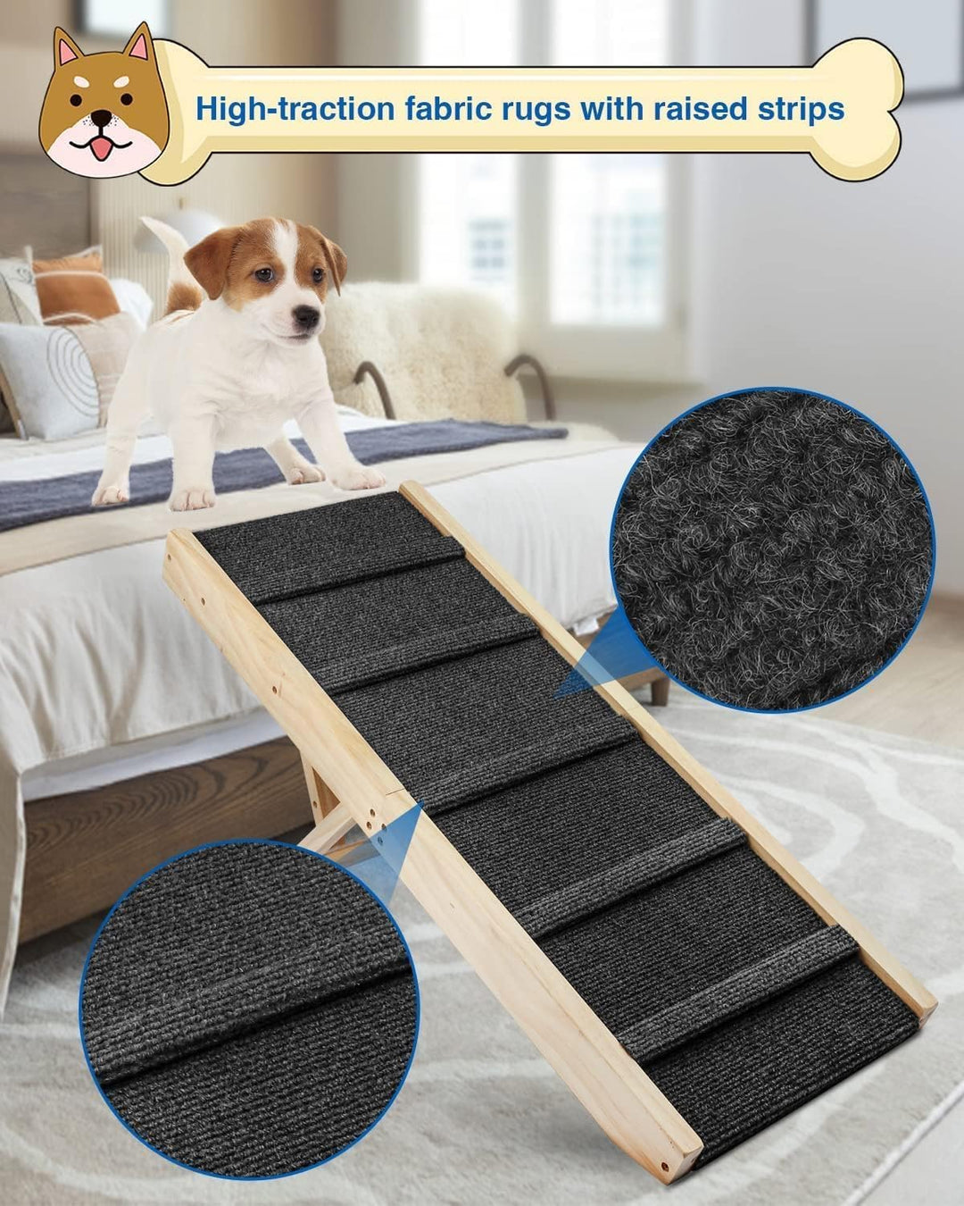 Klappbare Hunderampe aus Holz -Hundetreppe Höhenverstellbar 25-48cm mit Rutschfester Matte für Bett