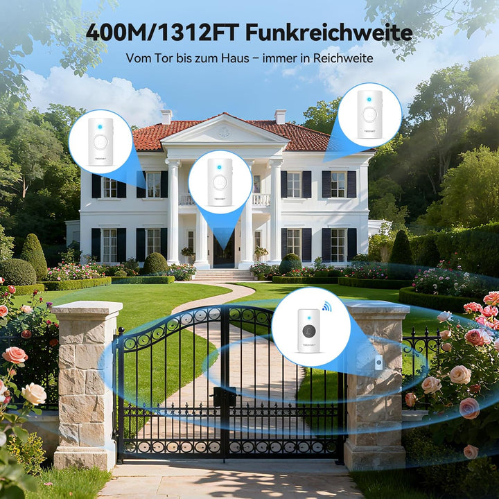 TECKNET Funkklingel, Funkklingel Batteriebetrieben mit 3 Empfänger 1 Sender, 400m Reichweite IP67 Fu