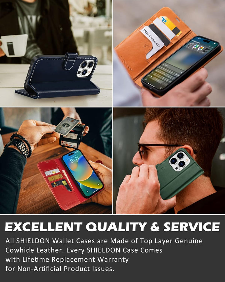 SHIELDON Hülle für iPhone 14 Pro 5G Handyhülle [Echtleder] [Kartenfach] [Standfunktion] [Verdicht TP