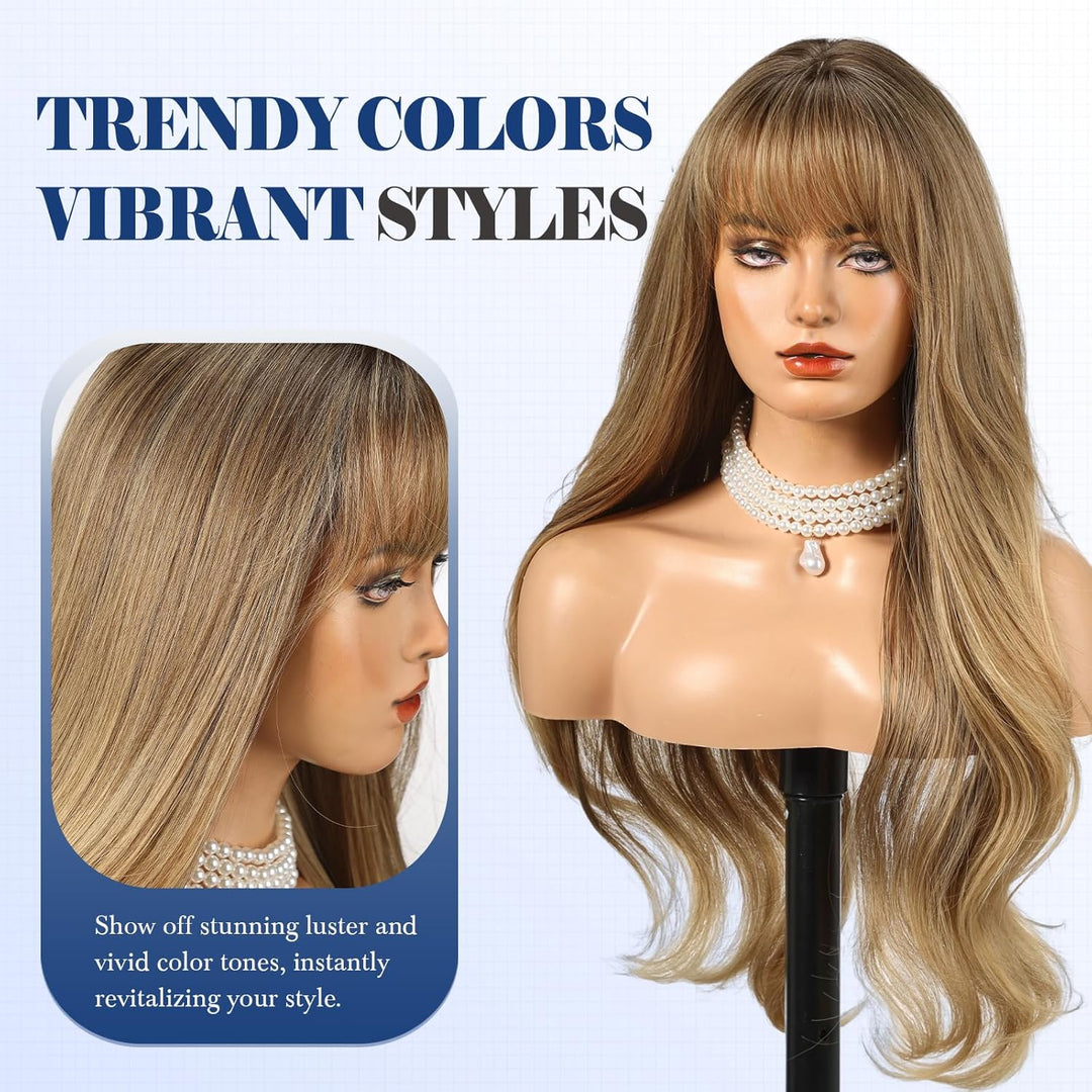 HAIRCUBE Lange blonde gemischte braune Perücke mit Pony, geschichtete lockige Perücken für Frauen, n