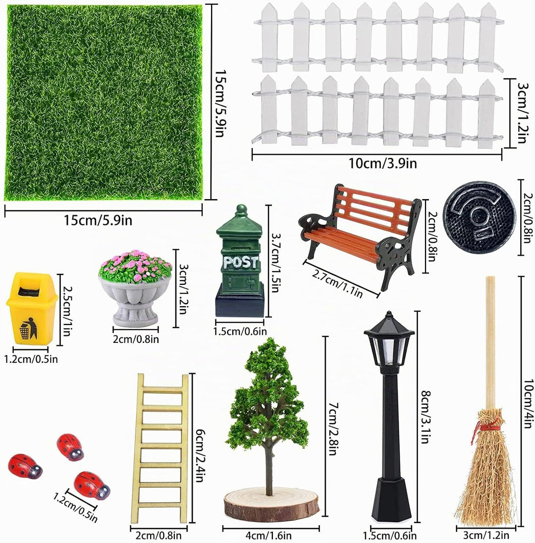 15 Stück Miniatur Garten Zubehör，Kunstrasen Miniaturgarten，Zubehör mit Miniatur Kunstrasen, Zaun, Ba