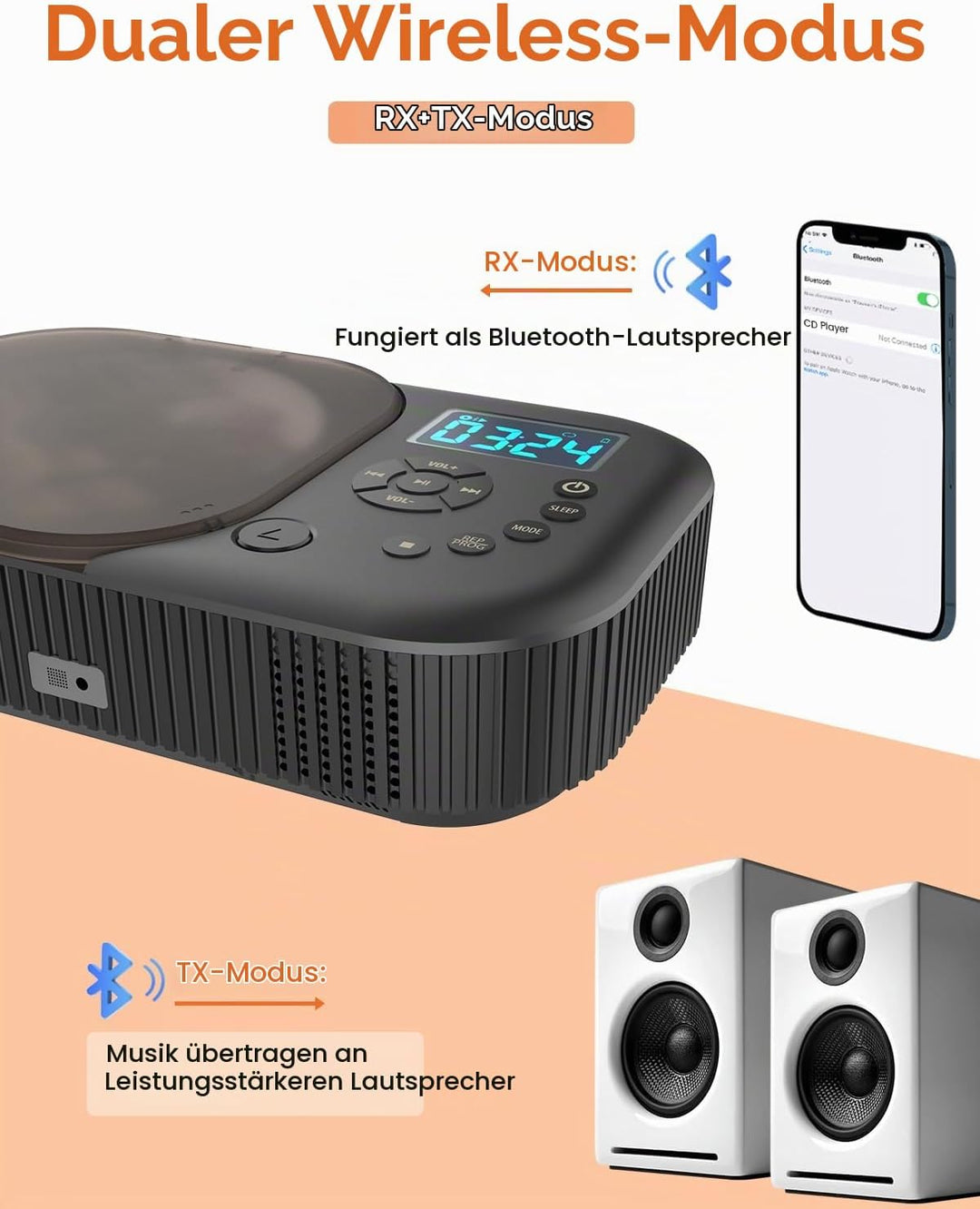 MONODEAL CD Player Tragbar, Tragbarer CD Player mit Zwei Stereo Lautsprechern und Bluetooth &amp; Radio,