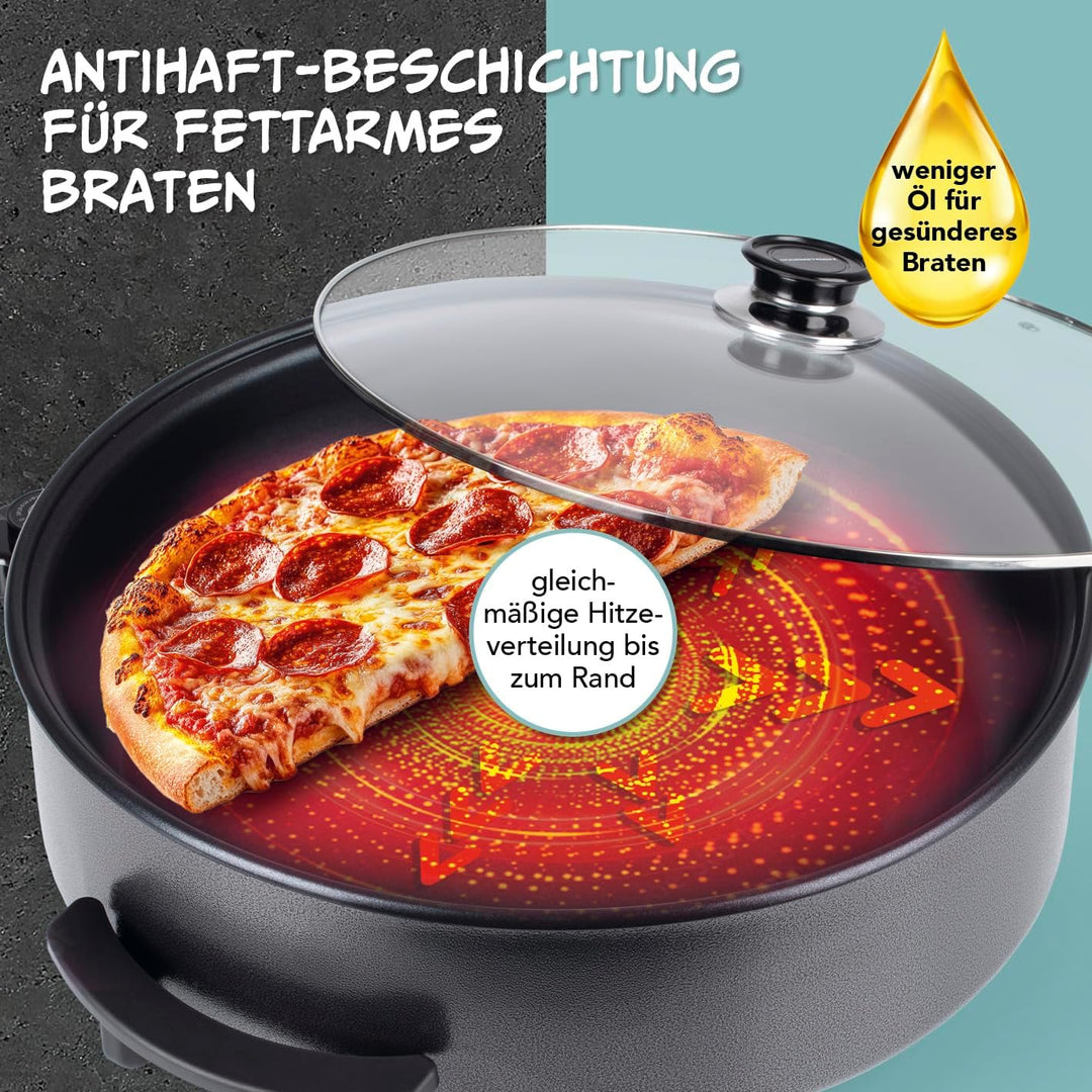 GOURMETmaxx elektrische Pizza-Pfanne mit Thermostat, Glasdeckel & Antihaftbeschichtung | Multifunkti