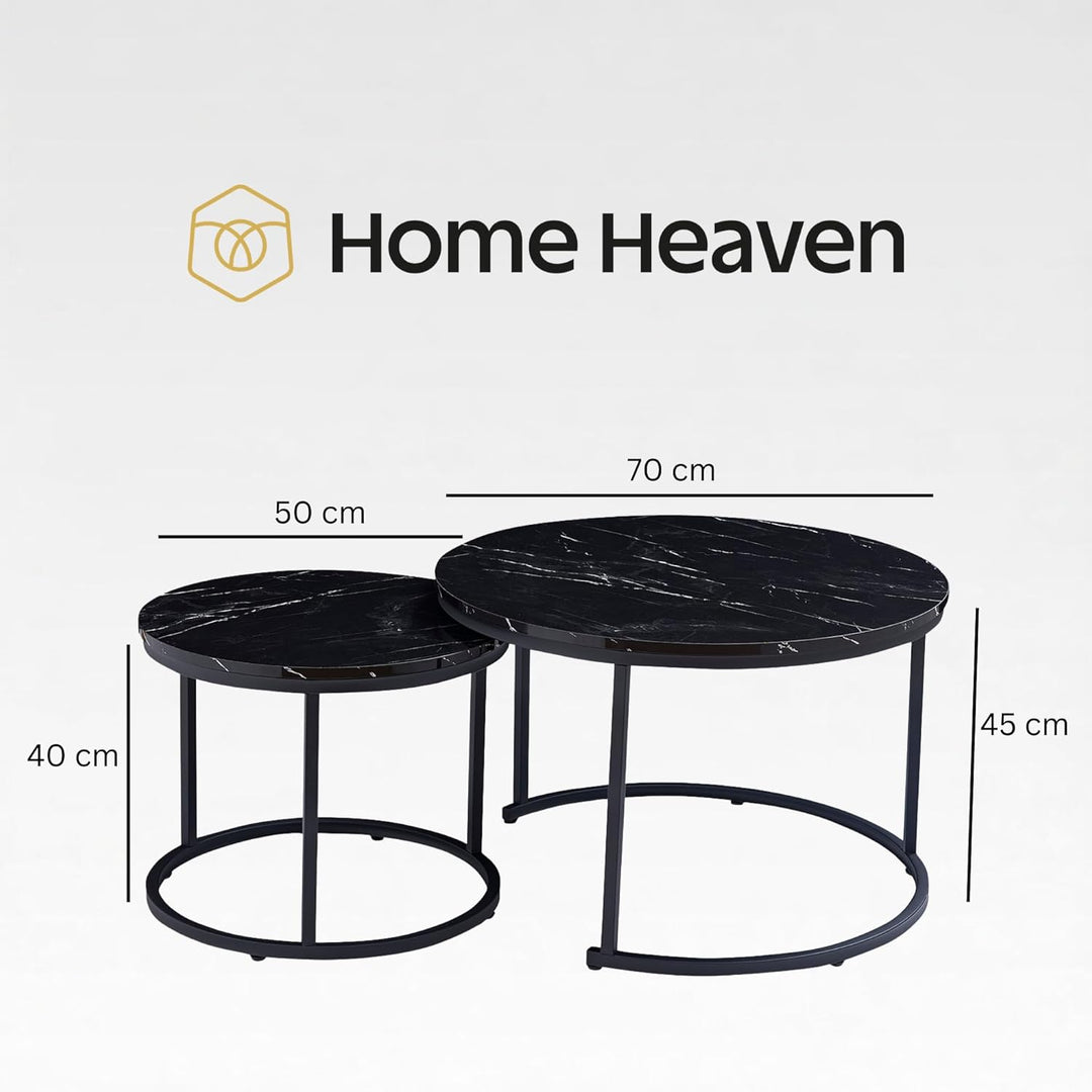 Home Heaven® Couchtisch Rund Schwarz Marmor 2er Set – Runder Wohnzimmertische in Marmor Optik Ø70cm