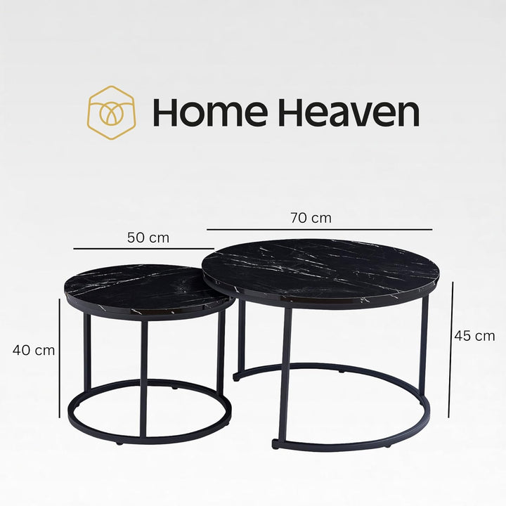 Home Heaven® Couchtisch Rund Schwarz Marmor 2er Set – Runder Wohnzimmertische in Marmor Optik Ø70cm