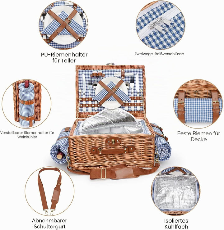 Picknickkörbe für 2, Picknickkorb mit wasserdichter Decke, Picknickkorb Set mit waschbarer Strandmat