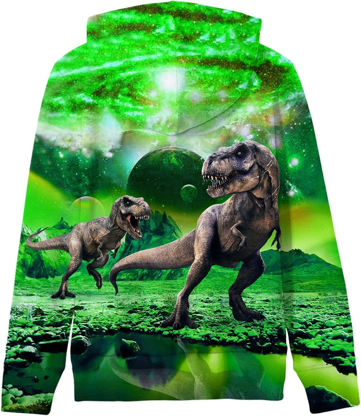 AIDEAONE Jungen Mädchen 3D Hoodie Kapuzenpullover Sweatshirt Mit Kapuze Grün Dinosaurier C27 11-14 J
