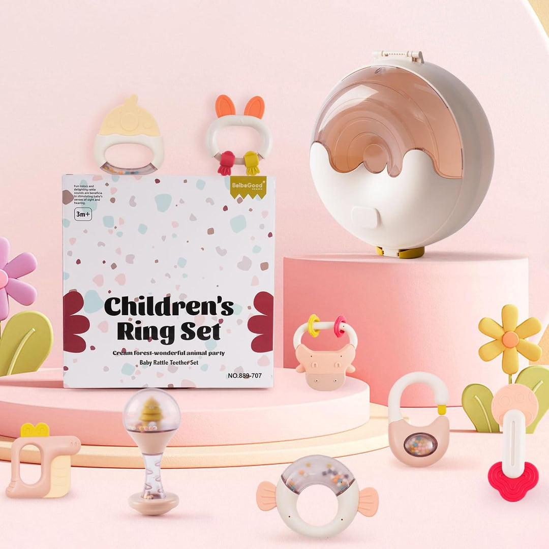 Rassel Beissring Set, 10PCs BPA_frei Silikon Baby Spielzeug, Rasseln Beissring für Babys 0-9 Monate,