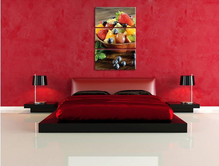 Pixxprint Apfel Kirsche Obstkorb als Leinwandbild/Grösse: 3 Teilig (120x80) cm/Wandbild/Kunstdruck/f