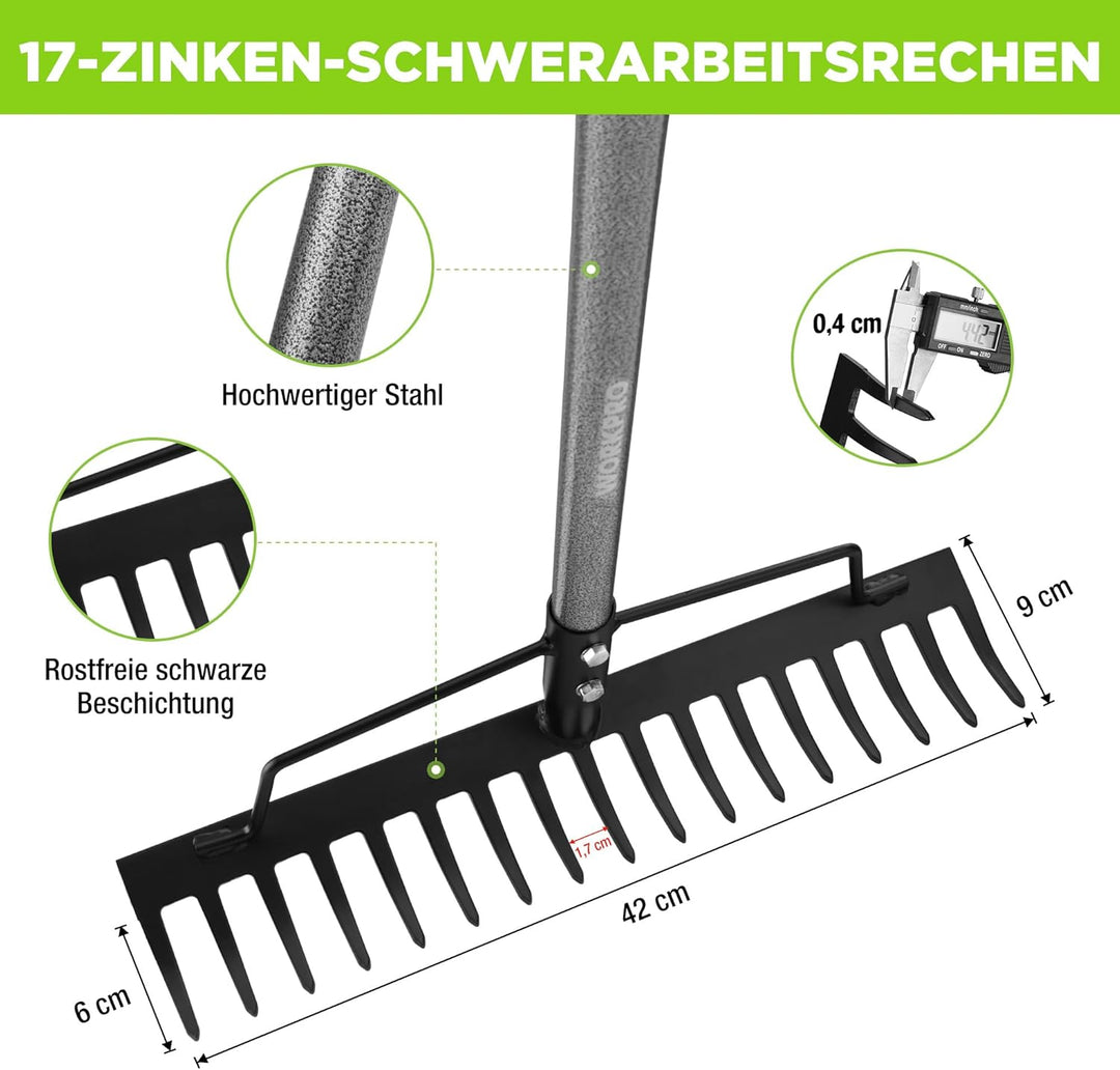 WORKPRO Bogenrechen Garten mit Stiel, 17 Zinken Rechen, Verstellbare & Abnehmbare Harke 86–165 cm, S