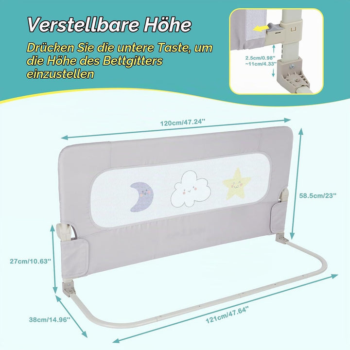 welspo Bettgitter Bettschutzgitter Bettgitter mit Kindermotiven, Rausfallschutz für Kinderbett, Grau