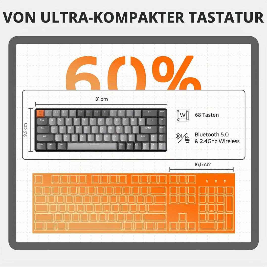 YINDIAO K68 60% Kabellose Mechanische Gaming Tastatur,Bluetooth 5.0/2,4 GHz,Kompakte 68 Tasten Mini