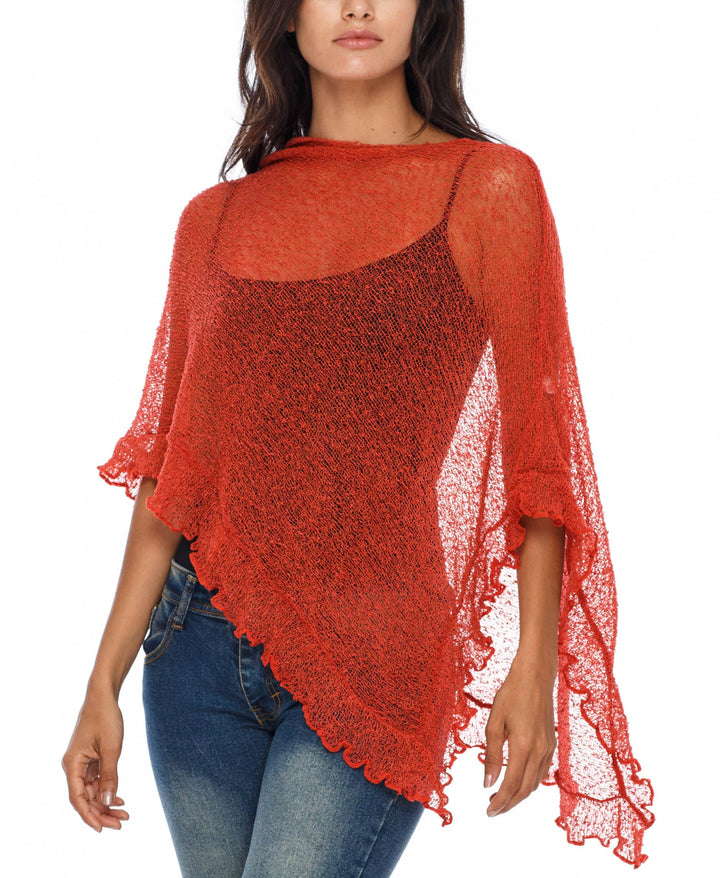 SHU-SHI - Damen Poncho-Top mit Rüschen - transparent - leichtes Strickmaterial Dunkelorange, Dunkelo