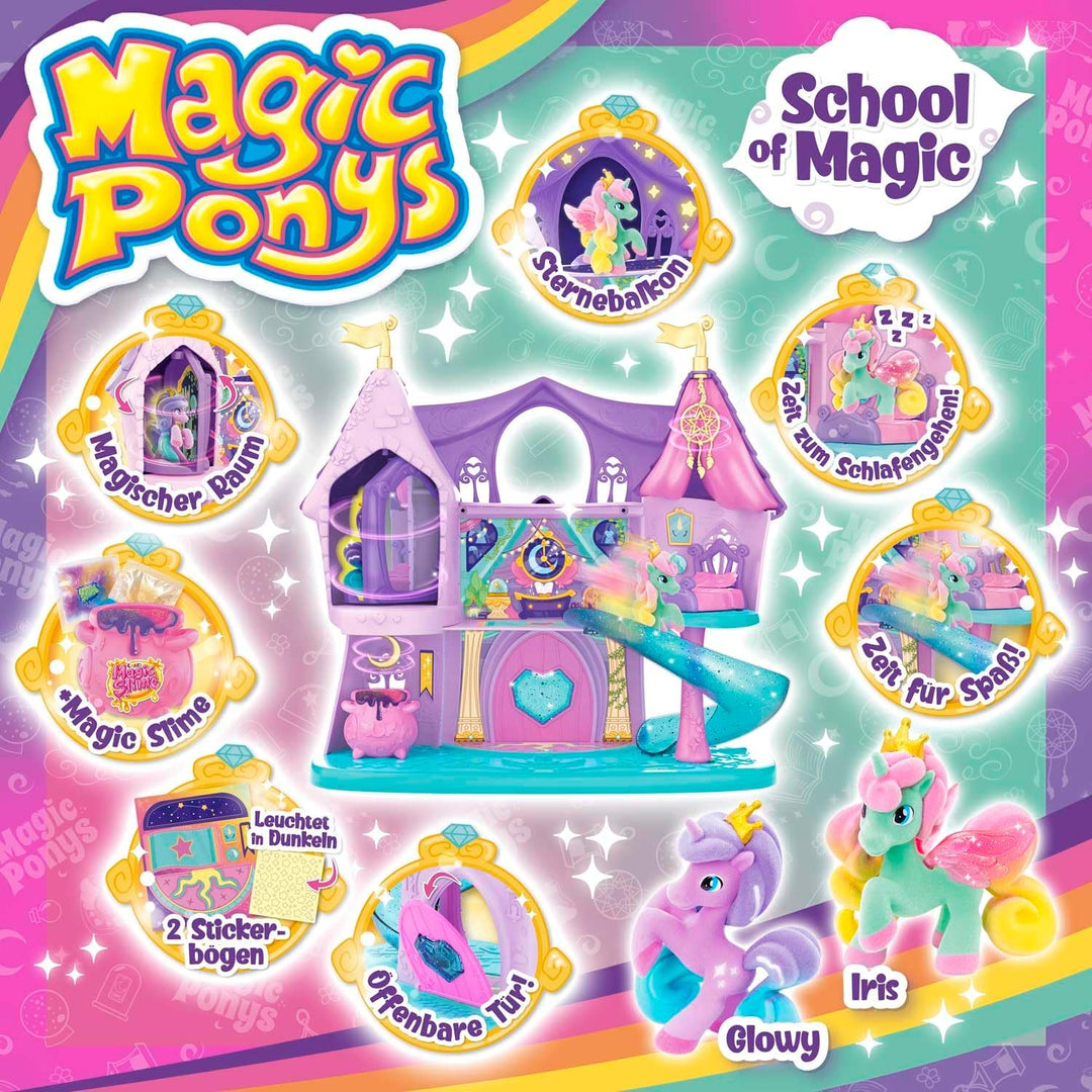Magic PONYS School of Magic Spielset – grosses Spielschloss für Mädchen mit 2 exklusiven Ponys & Glo