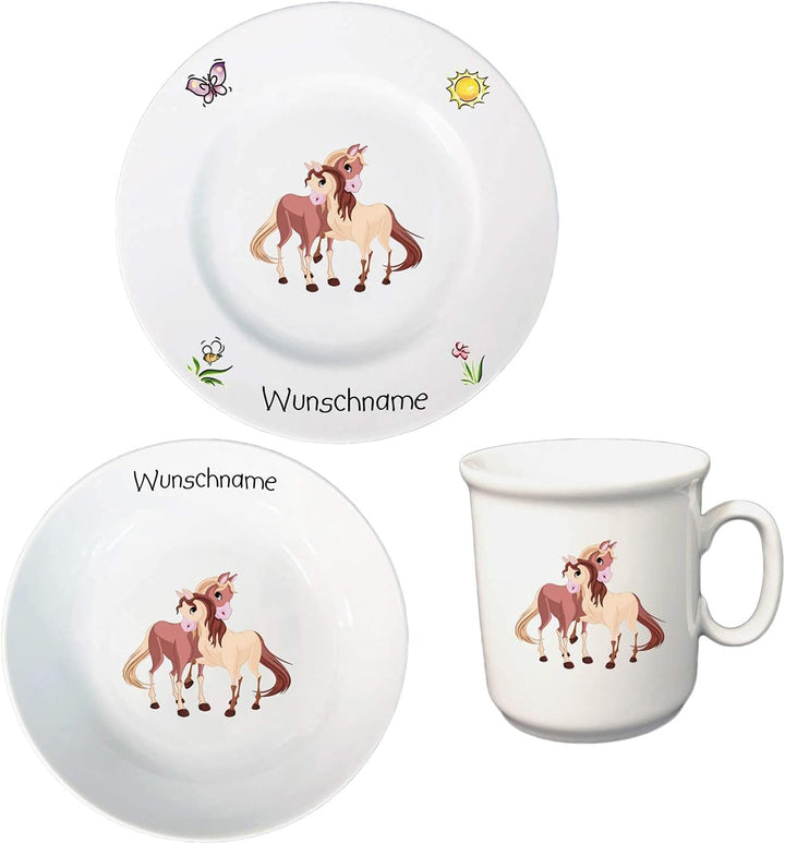 Kindergeschirr personalisiert - Frühstücksservice 3-tlg. Porzellan Tiermotive Teller Becher Schale p