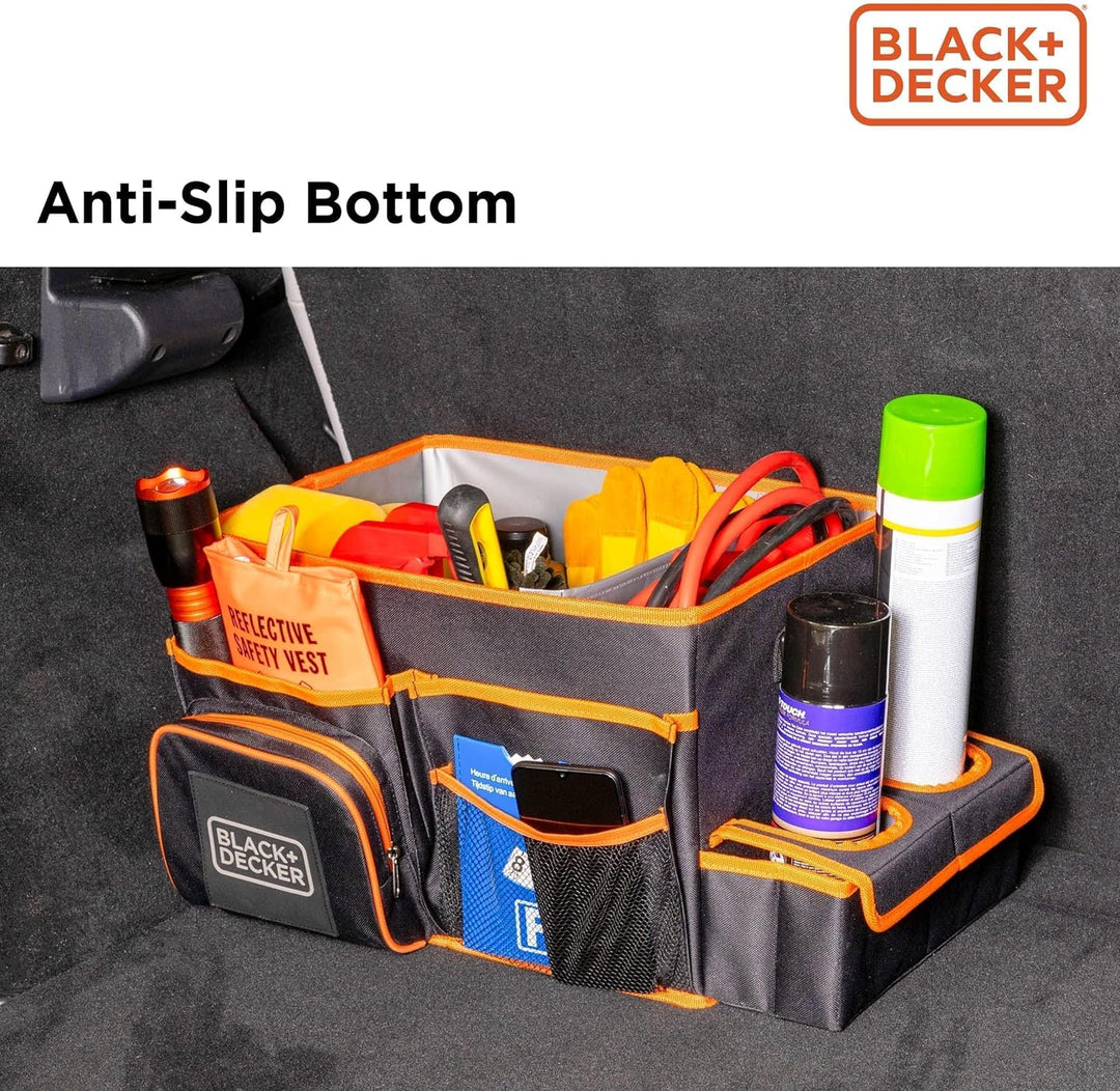 BLACK+DECKER Kofferraum-Organizer – 47,5 x 25 x 30 cm – mit Tragegurt – Getränkehalter – Grau/Orange