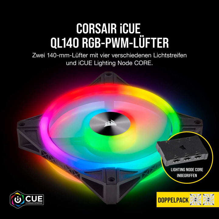 Corsair iCUE QL140 RGB, 140-mm-RGB-LED-PWM-Lüfter (68 Einzeln Ansteuerbare RGB-LEDs, Schwindigkeiten