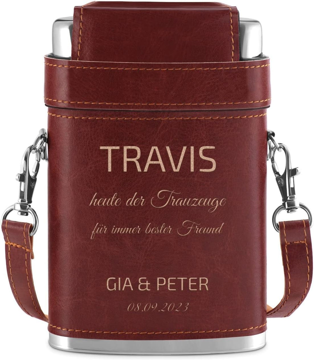 Maverton Flachmann mit Gravur - personalisiert - 250 ml - aus Edelstahl - 3x10 ml Pinnchen - Lederet