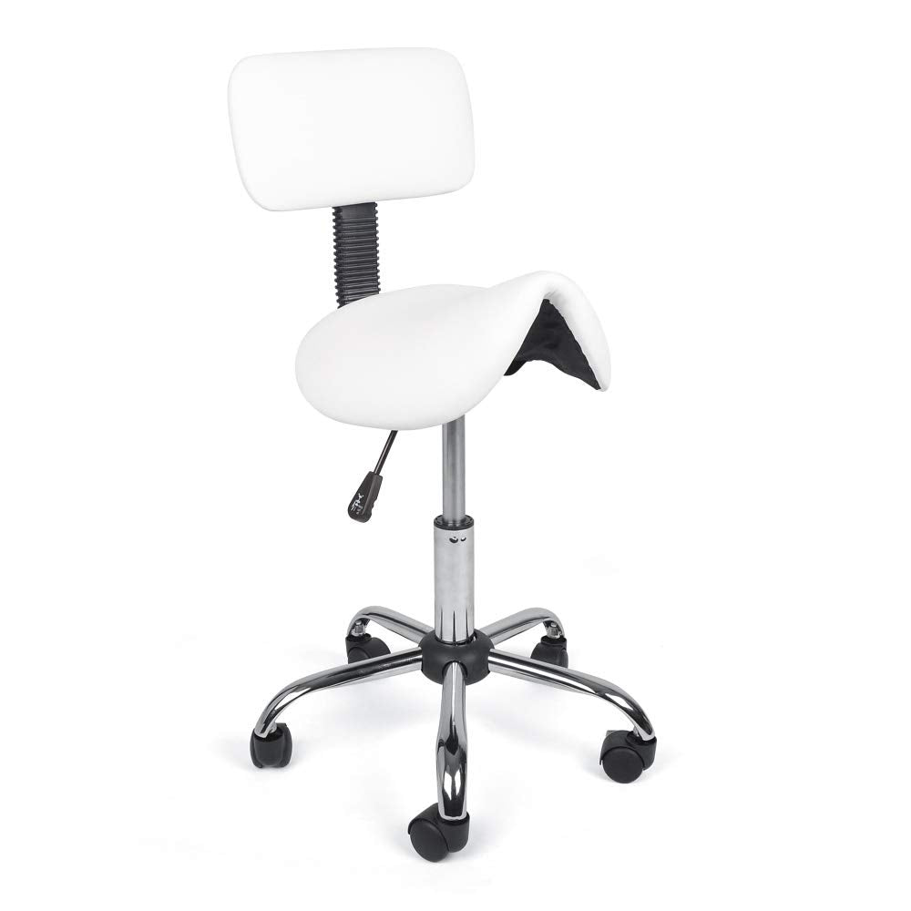 Mingone Sattelhocker mit Rückenlehne Weiss Bürohocker mit Rollen Ergonomisch Drehhocker Arbeitsstuhl