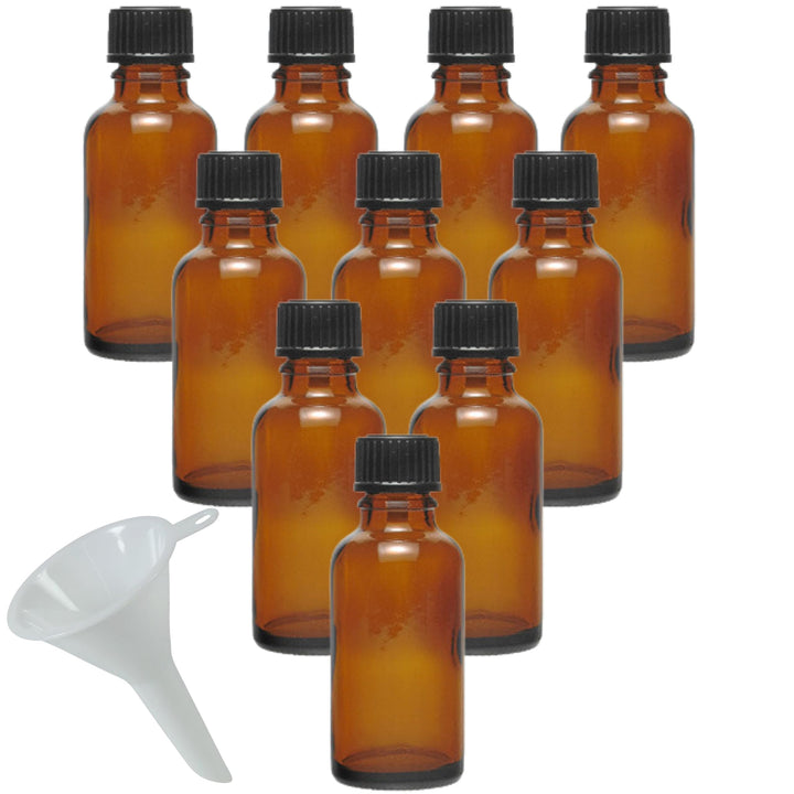 mikken 10 x braune Apothekerflasche 30ml made in Germany, inkl Beschriftungsetiketten + Trichter Bra