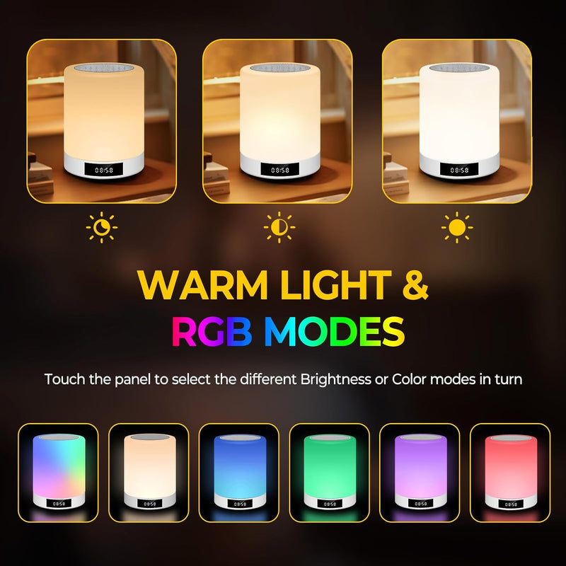 Warmfunn LED Nachttischlampe Touch Atmosphäre Tischlampe Bluetooth Lautsprecher Wecker LED Nachtlich