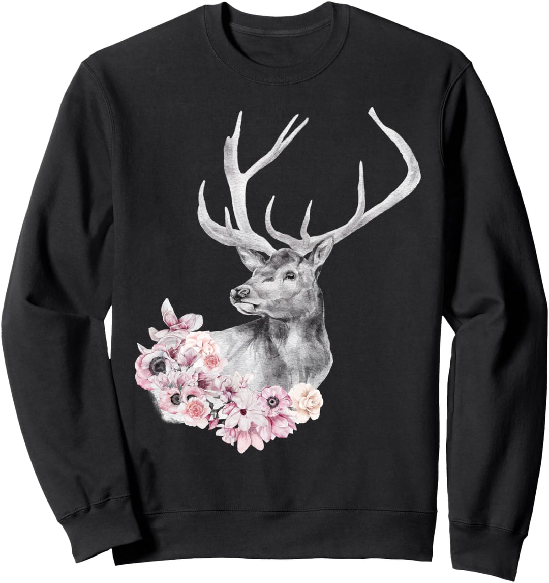 Hirschgeweih Geschenke Blumen Aquarell Blumen Schwarz Sweatshirt