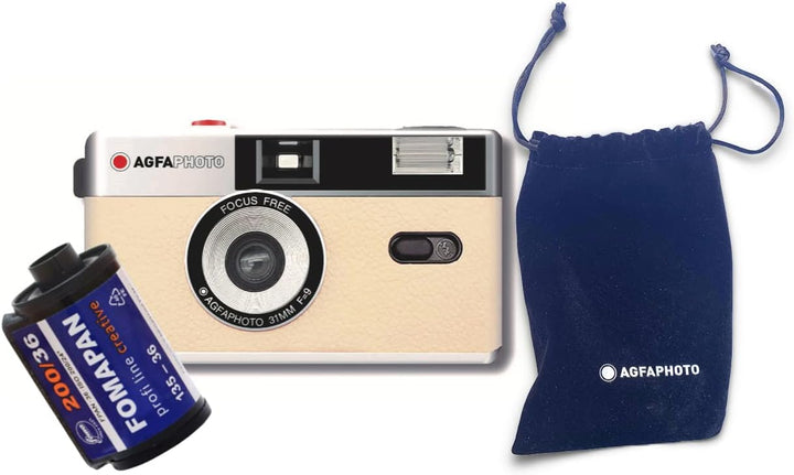 AgfaPhoto analoge 35mm Foto Kamera Black Set (B+W Film + Batterie) BEIGE Kamera + Film S/W Kamera +