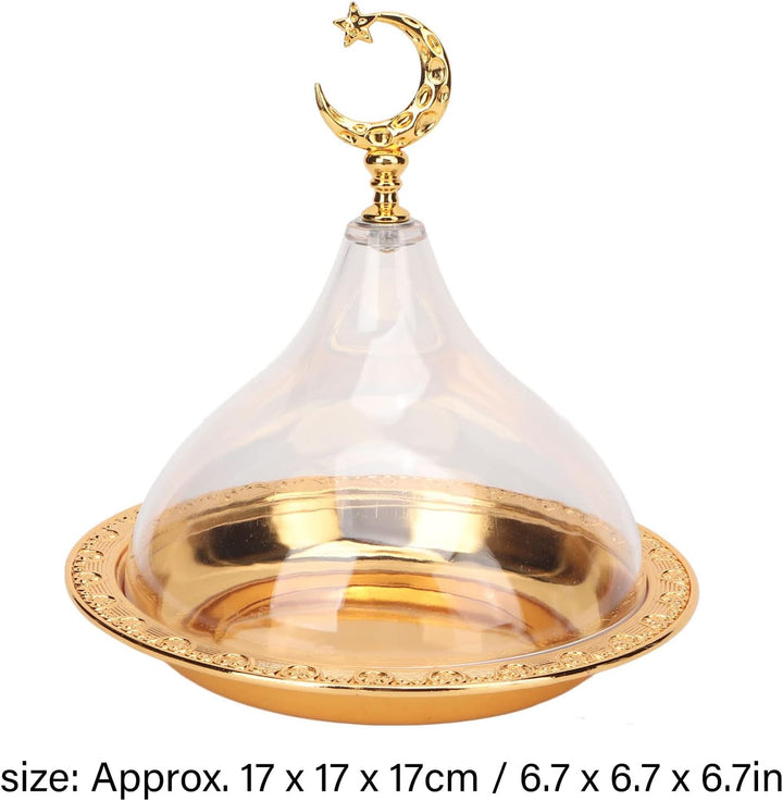 Servierteller aus Edelstahl mit Goldenem Prägemuster und Acryl mit Kuppel, Rustikaler Metallsockel,