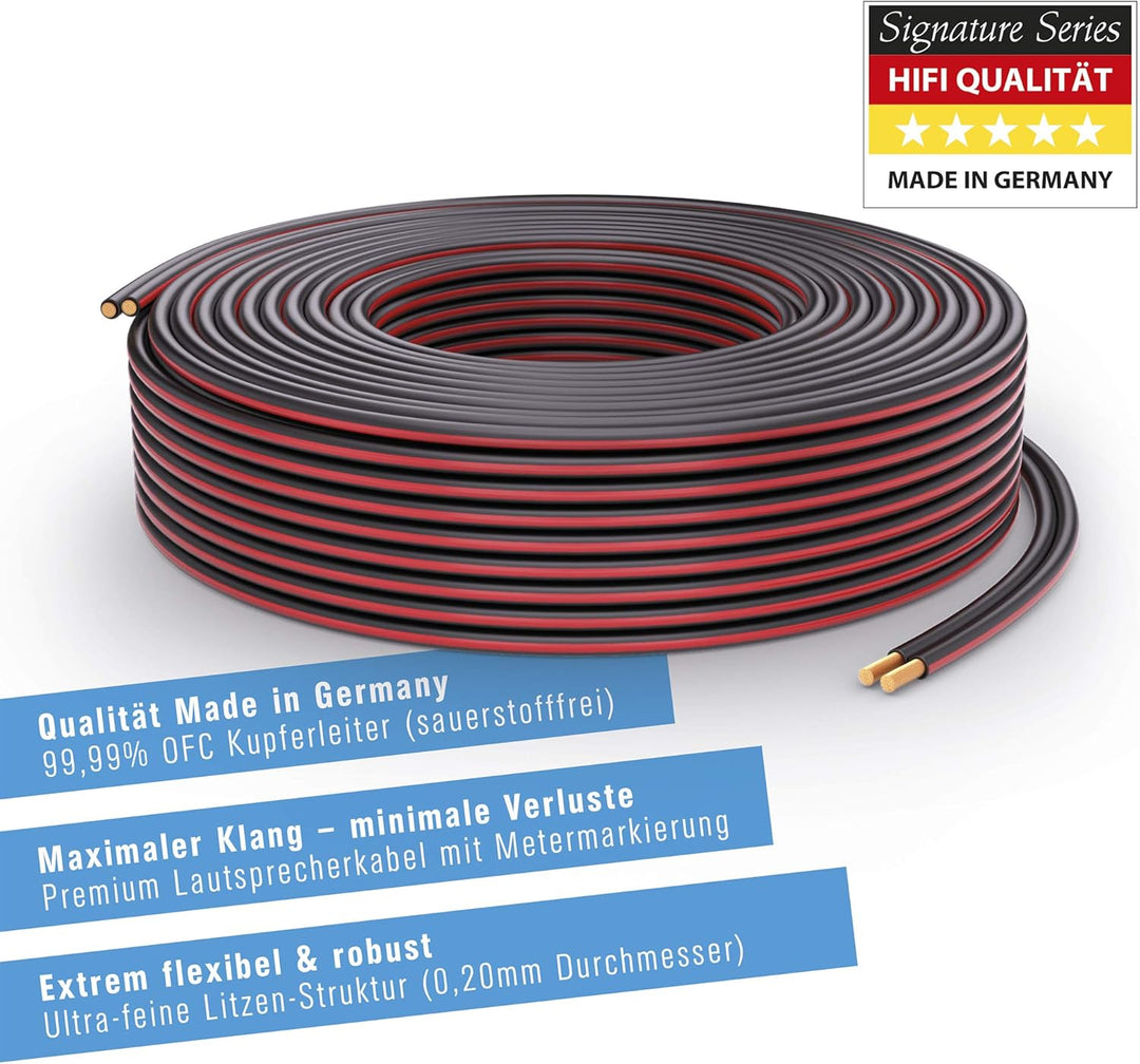PureLink Lautsprecherkabel OFC 2x2,50mm² (0,20mm), 30,0m, schwarz mit roter Kennlinie, Set mit 8 Ban