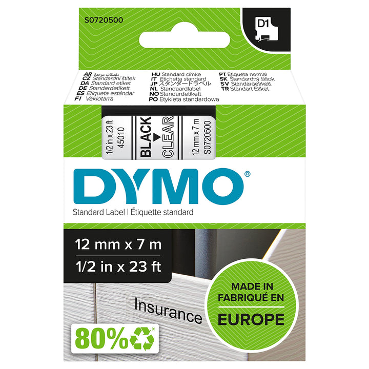 DYMO Original D1-Etikettenband | schwarz auf transparent | 12 mm x 7 m | selbstklebendes Schriftband