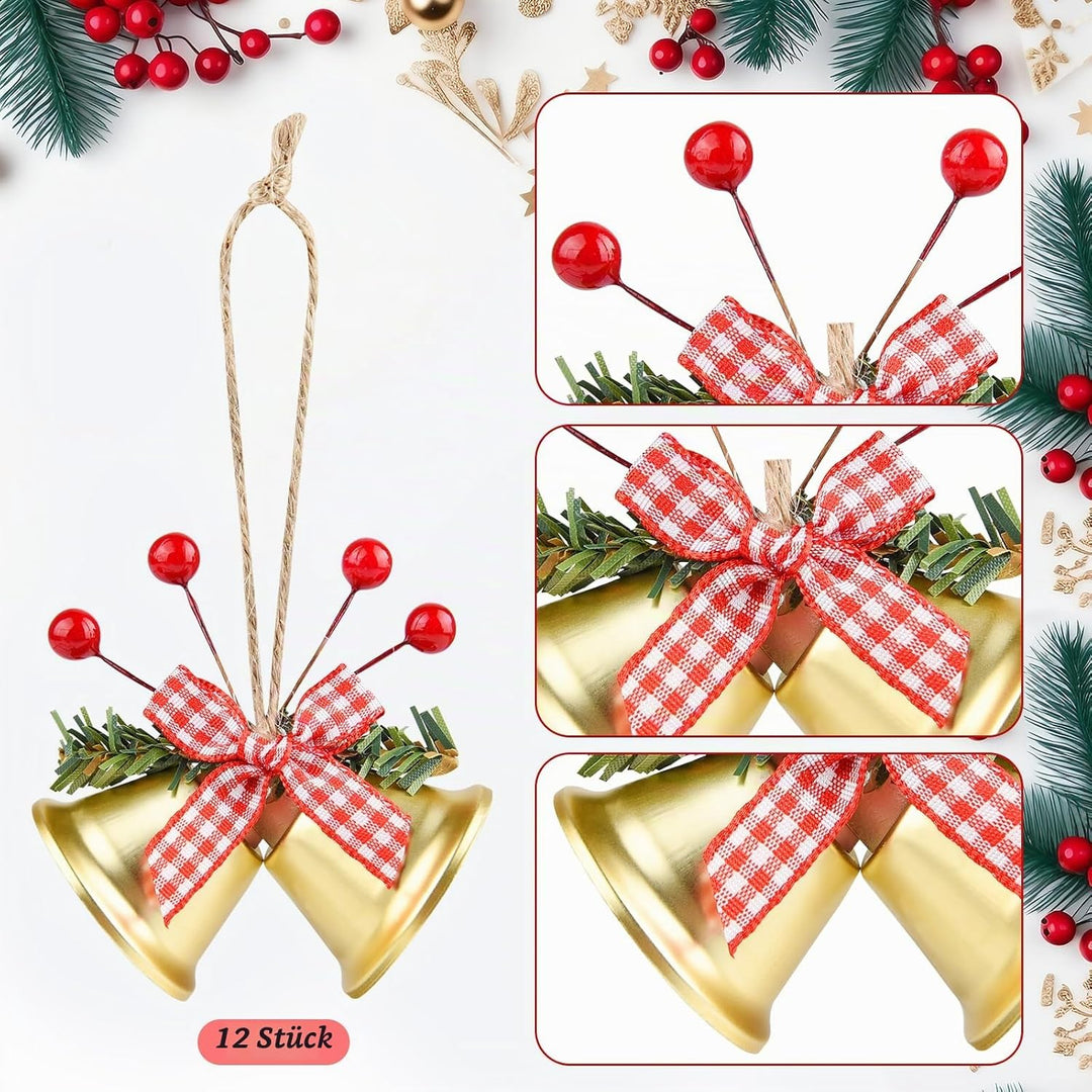 ASTARON 12 Stück Weihnachtsglocken-Ornamente, Weihnachtsbaumschmuck, Glöckchen mit Stechpalmenbeeren